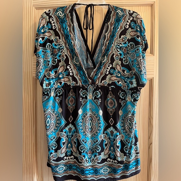FANG Brown Turquoise Sleeveless Blouse V Back Size XL - Picture 1 of 9